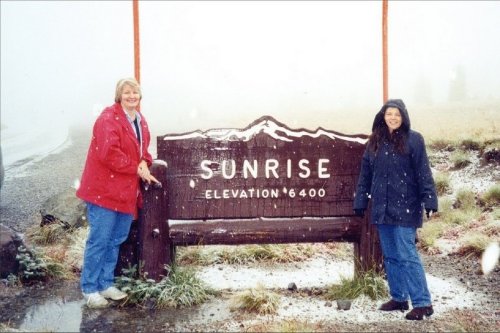 September Snow at Sunrise - with Bev, photo by Marilyn